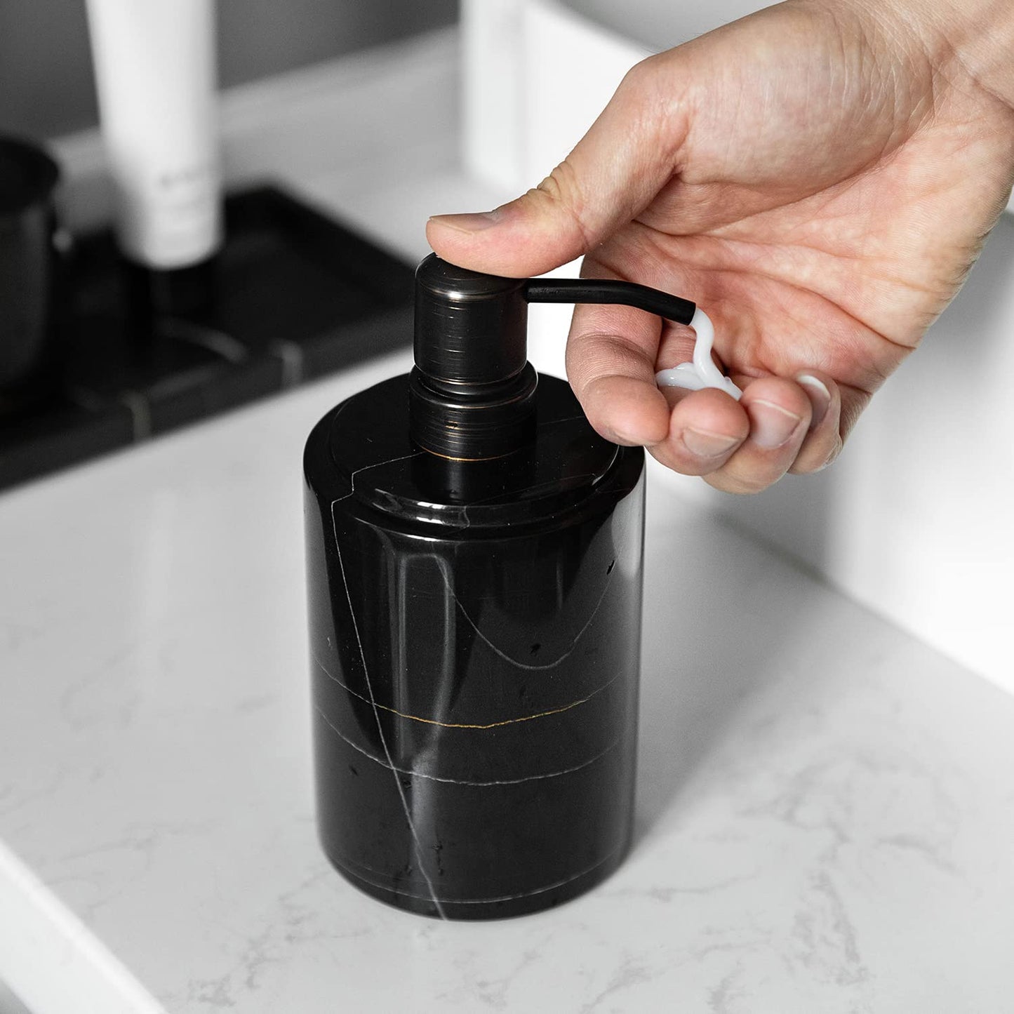 JIMEI Black Marble Soap Dispenser Hand or Dish for Bathroom & Kitchen - Decorative Natural Marble Stone Liquid Soap/Lotion Dispenser - Stainless Steel Soap Dispenser Easy-Glide Pump - Refillable