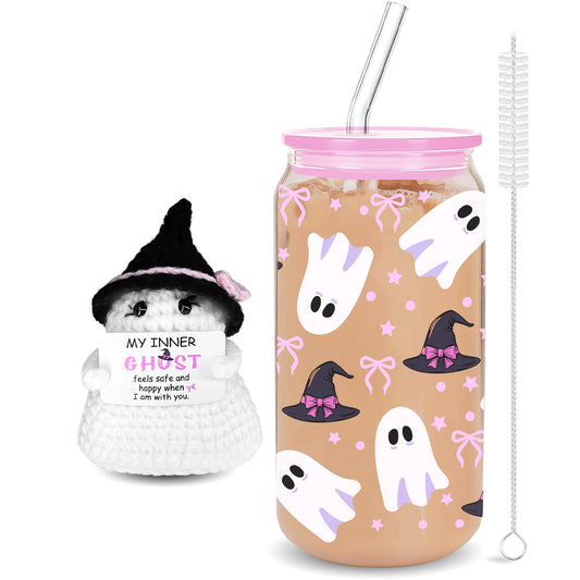 Halloween Boho Ghost Gifts Set with Glass Cup & Dolls, 16oz Fall Glass Cup with Lid and Straw, Crochet Ghost Doll with Positive Card Perfect for Thanksgiving Halloween Fall Spooky Gifts