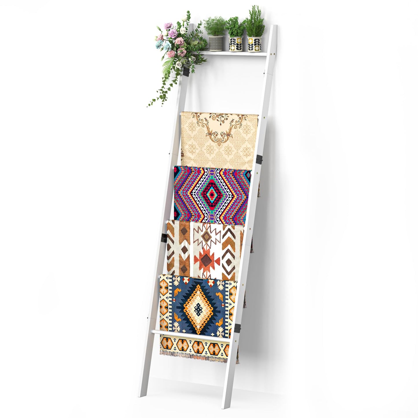 BAMBANG 6-Tier Blanket Ladder for Living Room, Blanket Quilt Ladder Rack Rustic Decorative Towel Holder, Wall Leaning Blanket Ladder Shelf Storage Farmhouse Decor for Bedroom Bathroom, White