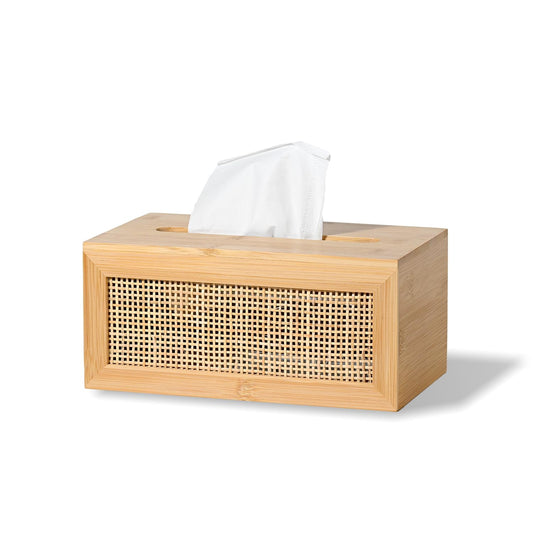 ABBI NIMO Large Rectangular Bamboo Tissue Box Cover, Natural Rattan Tissue Holder with Magnets for Bathroom, Living Room, Bedroom or Office, Supportive Spring Lifter Included