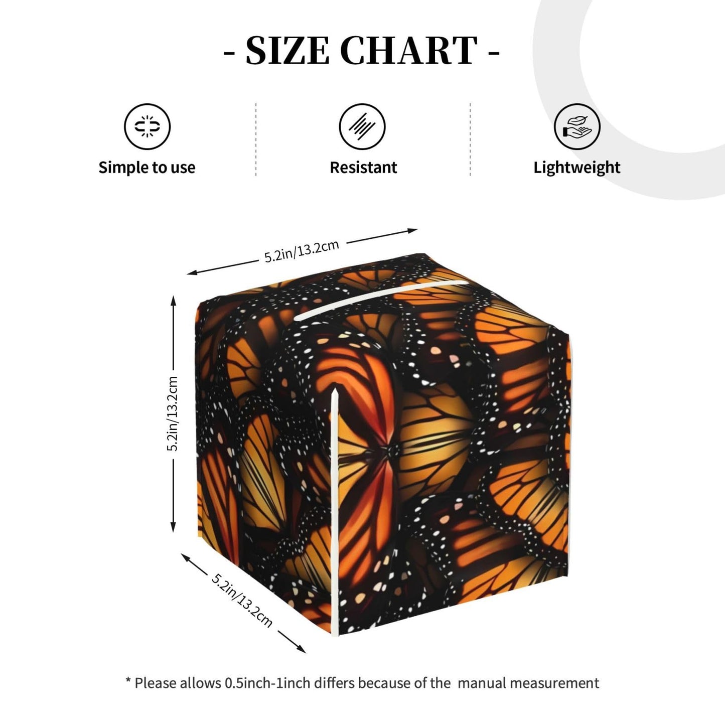 Tissue Box Cover Orange Monarch Butterflies Modern PU Leather Square Tissue Box Holder - Decorative Holder/Organizer for Bathroom Vanity Countertop, Night Stands, Office Desk & Car 5"X5"X5"