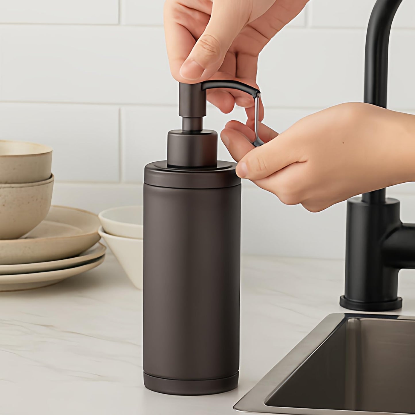 Tiilan Countertop Hand Soap Dispenser, Refillable Stainless Steel Soap Pump Bottle for Bathroom & Kitchen, Free Standing - 300ml, Bronze
