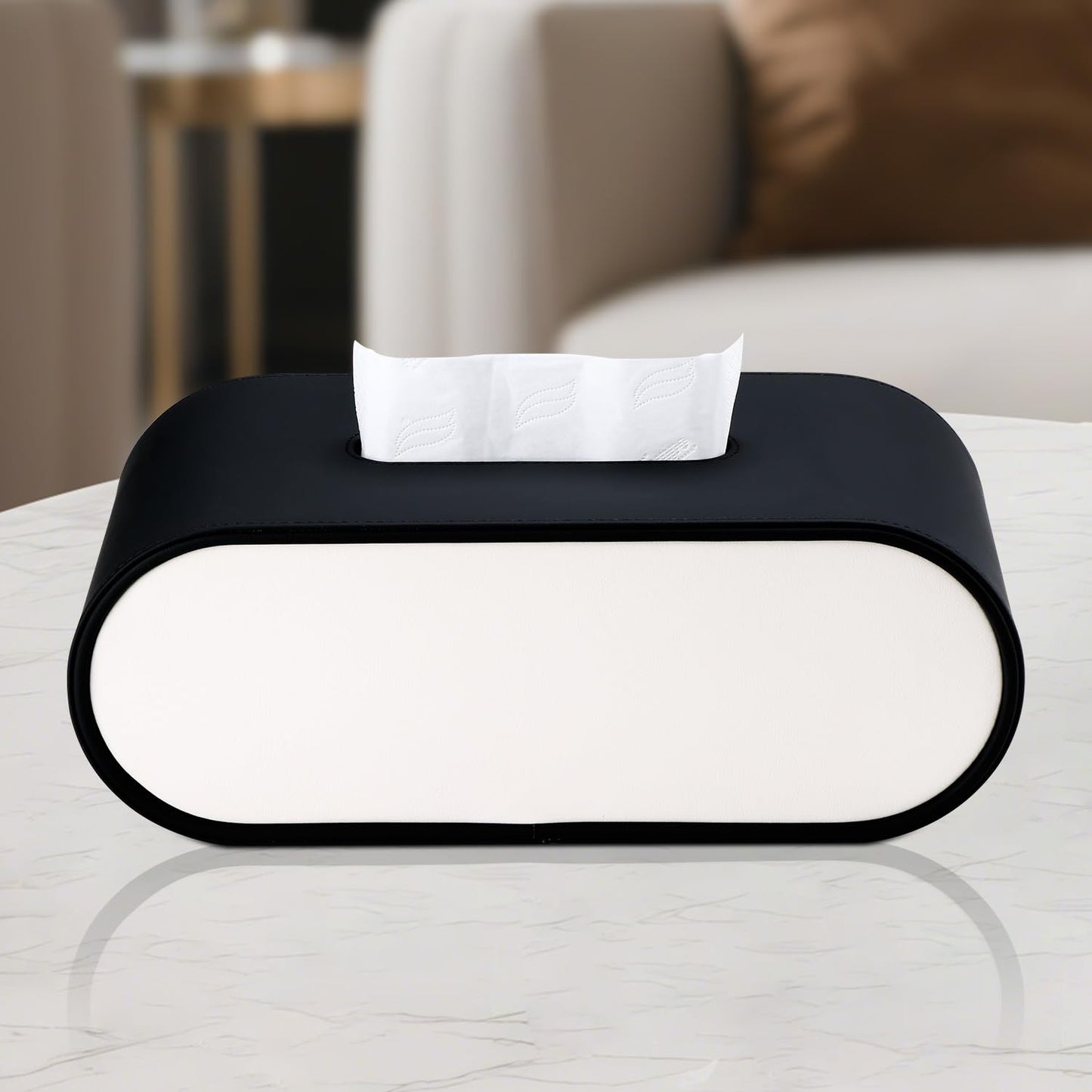 Tissue Box Cover,Black White Accents Oval Leather Tissue Box Holder,Decorative Tissue Cover for Bathroom Toilet Bedroom Living Room Table Desk Office