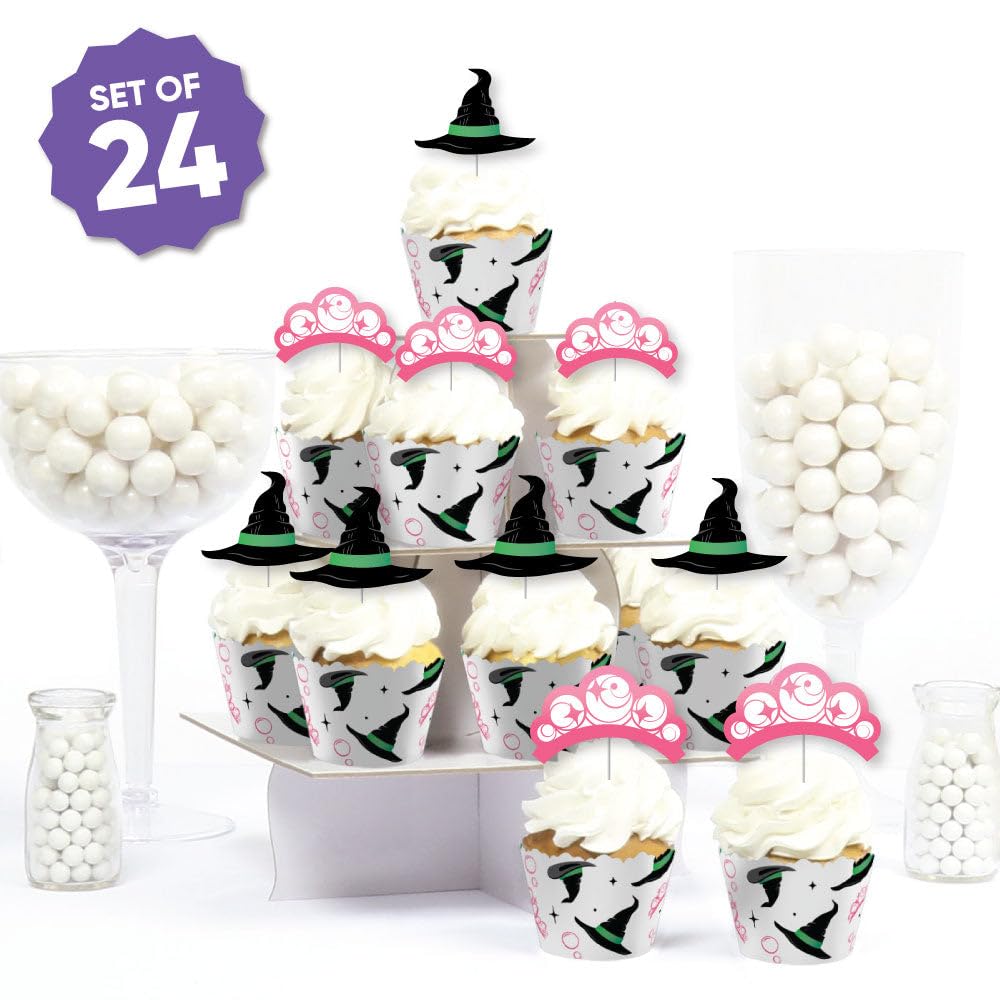 Big Dot of Happiness Witch Cupcake Decoration Kit, Good Pink and Green Birthday or Witch Halloween Party Cupcake Wrappers and Treat Picks - Set of 24