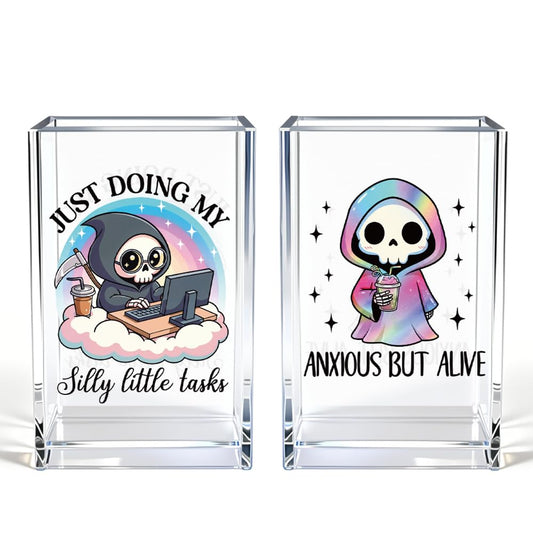 Vgrti Anxious But Alive Just Doing My Silly Little Tasks Acrylic Pen Holder Cup Set 2, Cute Pencil Holder Desk Organizer, Funny Skeleton Desk Decor, Office Sarcastic Gifts for Women Men Adult Coworker