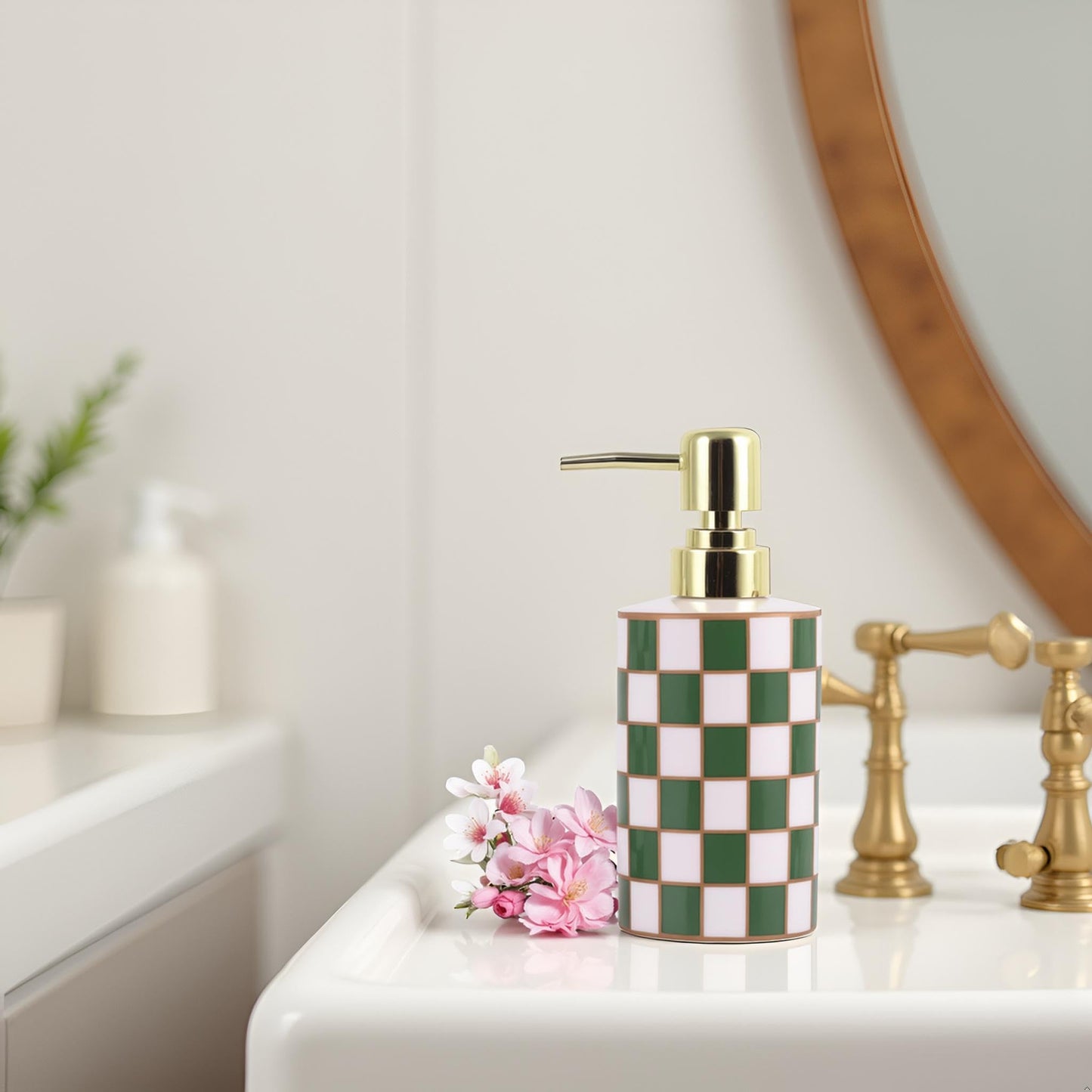 Checkered Bathroom Soap Dispenser,Gold Pump Ceramic Soap Dispenser,Kitchen Checkerboard Empty Pump Bottle,Bath Countertop Storage Organizer,Checkered Bathroom Decor (Green)