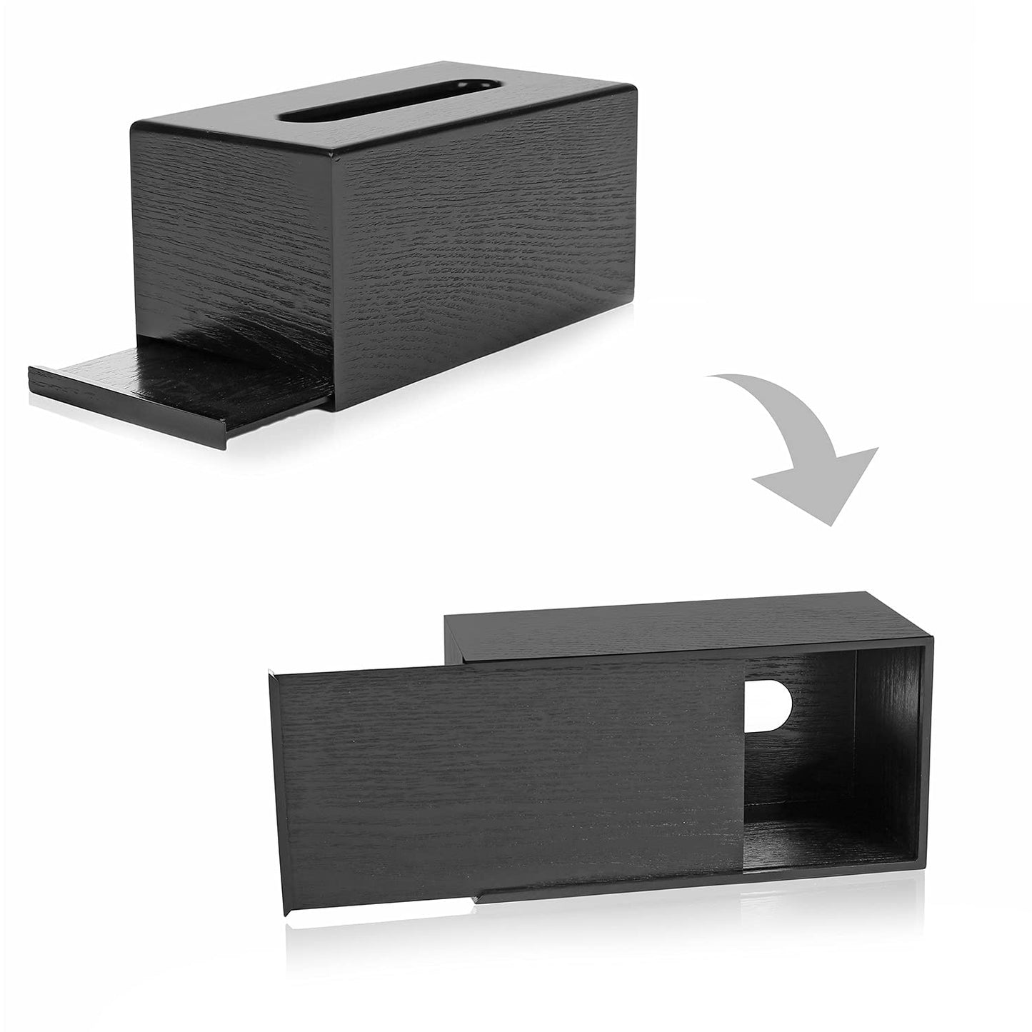 MyGift Modern Black Wood Grain Tissue Box Cover with Easy Refill Slide Out Bottom, Refillable Bathroom Facial Napkin Tissue Box Holder