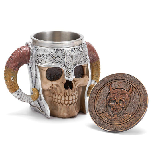 Stainless Steel Viking Skull Mug+Coaster,Double Handle Horn Skull Beer Mug Tankard, Medieval Drinkware Mug for Coffee/Beverage/Juice17oz.