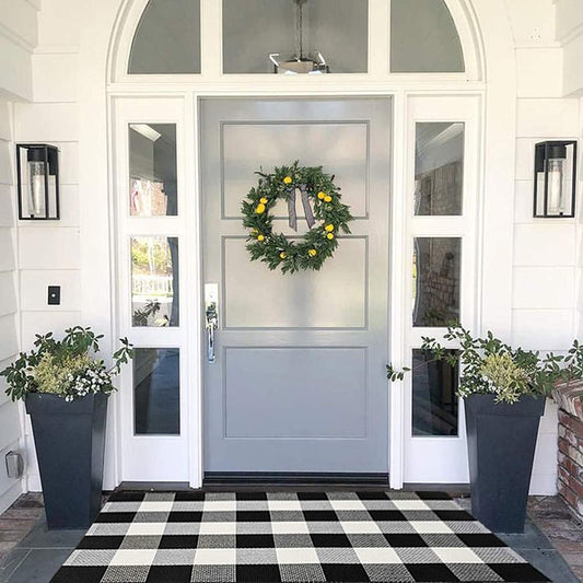 MUBIN Cotton Buffalo Plaid Rug, 27.5x43 Black and White Outdoor Rug Front Door Decorative Mat, Washable Doormat Foldable Area Rug Layered Door Mats Rug for Front Porch, Entryway, Patio