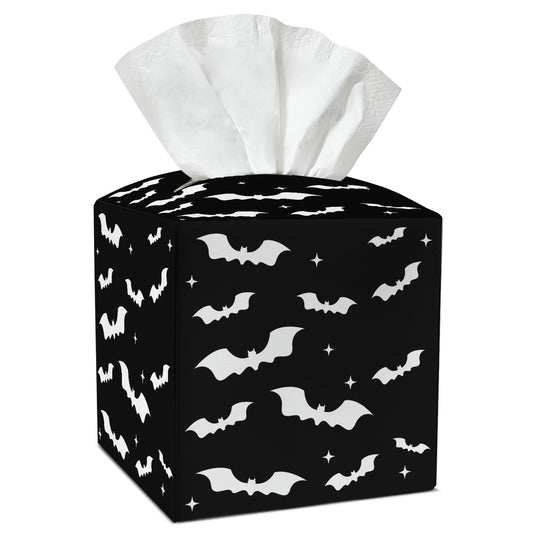 Black Bat Tissue Box Covers Square, Leather Tissue Holders Decorative for Home Office Kitchen Bathroom Organizer, Square Facial Paper Organizer Halloween Home Decor -003
