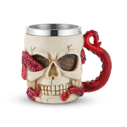 Skull Octopus Tentacle Beer Mug for Men Women Stainless Steel Resin Cthulhu Gothic Mug, Suitable for Halloween, Horror Lovers and Dark Decoration