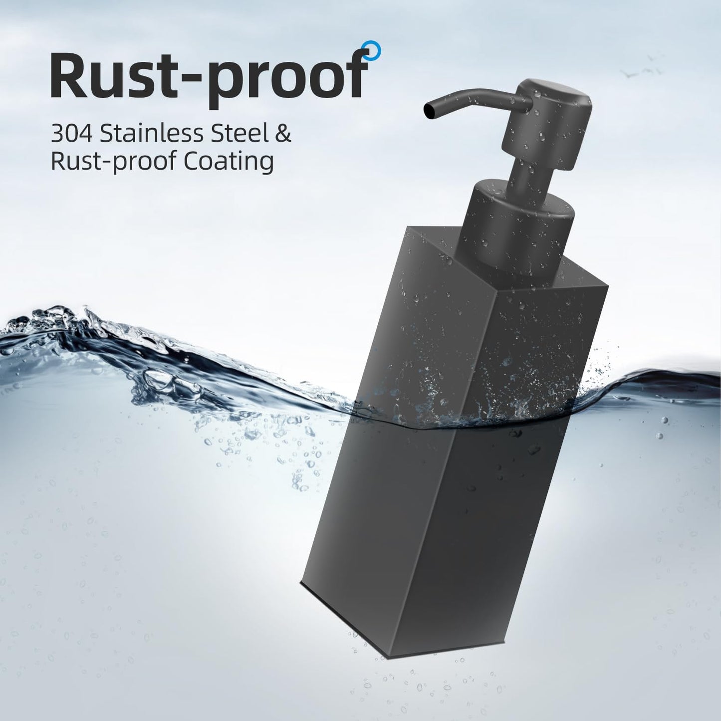 GLUBEE Black Soap Dispenser, Matte Black Stainless Steel, Rust-Proof Liquid Hand Dish Dispenser for Bathroom & Kitchen, 8.5 Oz Refillable Countertop Lotion Bottle (Square)