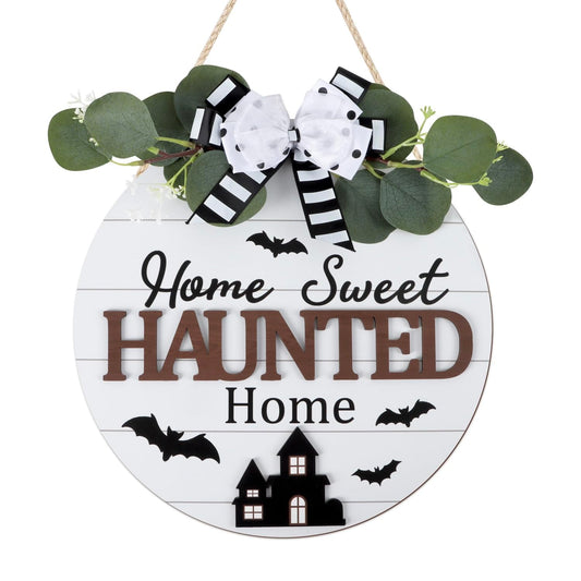 HOURIA Happy Halloween Wreaths Wooden Sign (11.4”x11.4”),3D Home Sweet Haunted Home Door Sign,Rustic Halloween Themed Castle Bat Wall Hanging Sign for Front Door Party Farmhouse Office