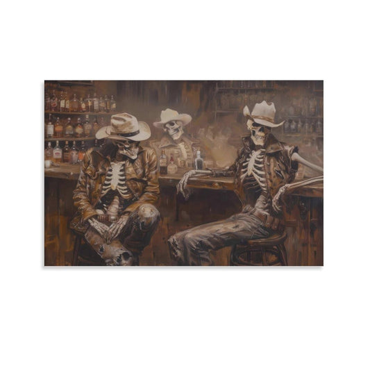 Skeleton Cowboy Saloon Trio Western Rustic Canvas Printing Wall Art Posters Prints Bohemian Aesthetic Bar Scene Oil Style Wall Decor for Living Room Bedroom Bar Office Den 12x18inch(30x45cm)