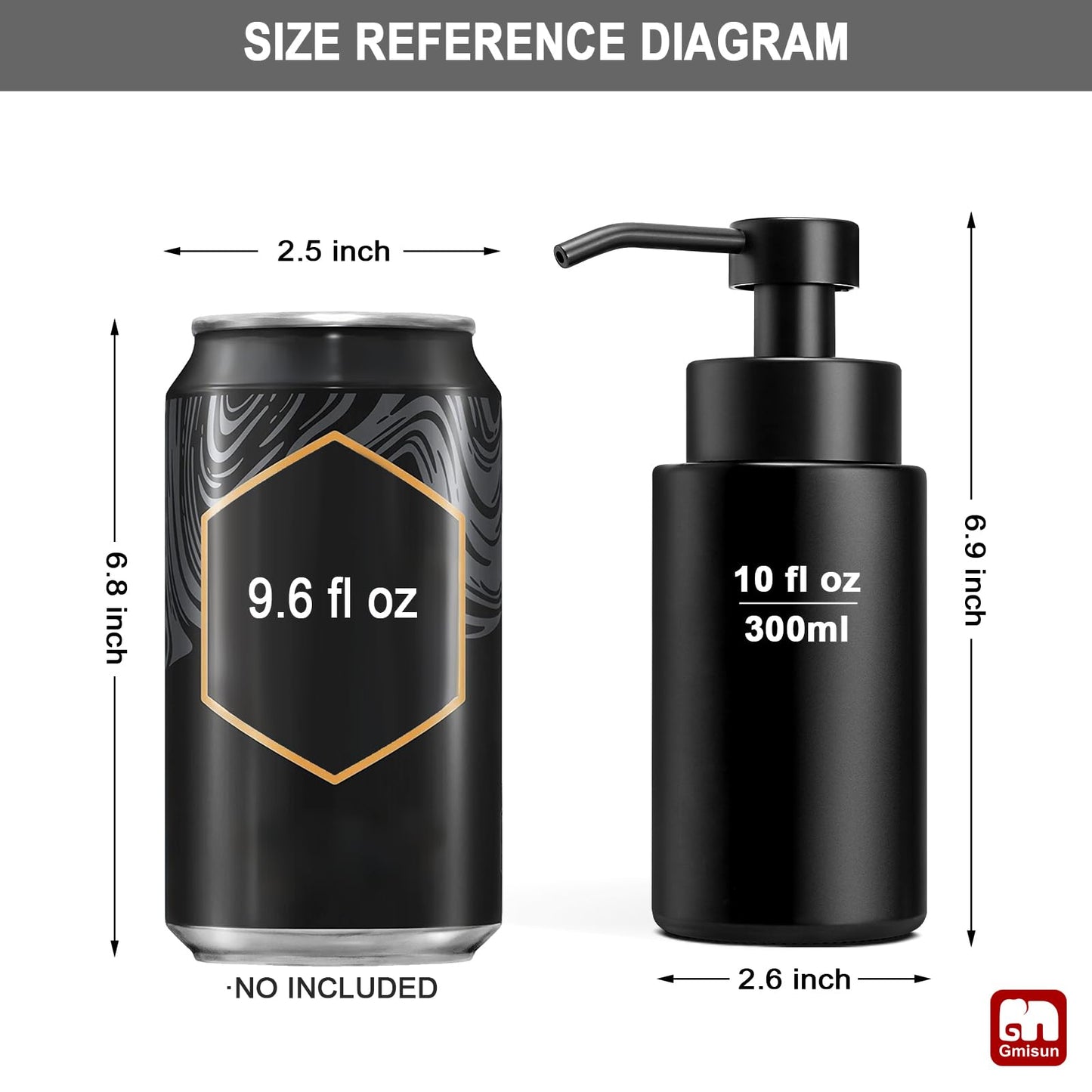 GMISUN Foaming Soap Dispenser, 10 Fl oz/300 ml Matte Black Glass Foaming Hand Soap Dispenser, 2Pcs Hand Soap Dispensers for Bathroom & Kitchen, Refillable Foam Soap Pump Bottle with Waterproof Labels