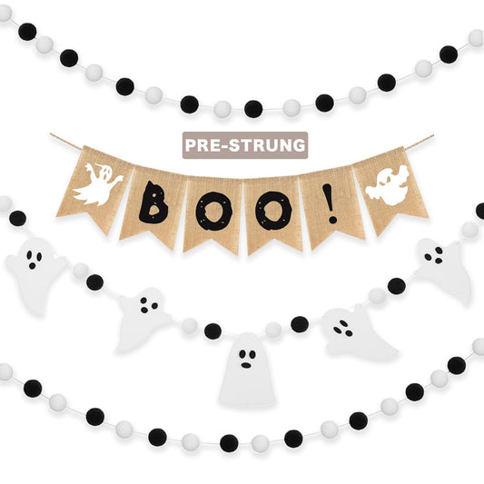 Boo Banner, 4 Pcs Halloween Natural Burlap Bunting Pennant and Cute Felt Ghost with Black White Pom Pom Ball Garland for Farmhouse Shelf Fireplace Mantel Tree Office Classroom Party Hanging Decoration
