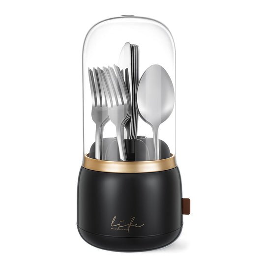 EXIN DECHEN 360° Rotation Silverware Organizer for Kitchen Counter,Utensil Holder Caddy Silverware Caddy Holder for Party,Spoon and Fork Organizer,7 Slots and Intermediate Drainage Device with Cover