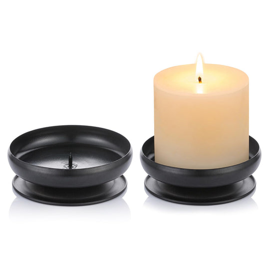 Set of 2 Black Iron Pillar Candle Holders Spike Candle Holder 3.6"/ 9cm Diameter. Ideal for Wax or LED Candle Gardens, Spa, and Aromatherapy, Incense Cones, Wedding, Party, Spa, as Pedestal