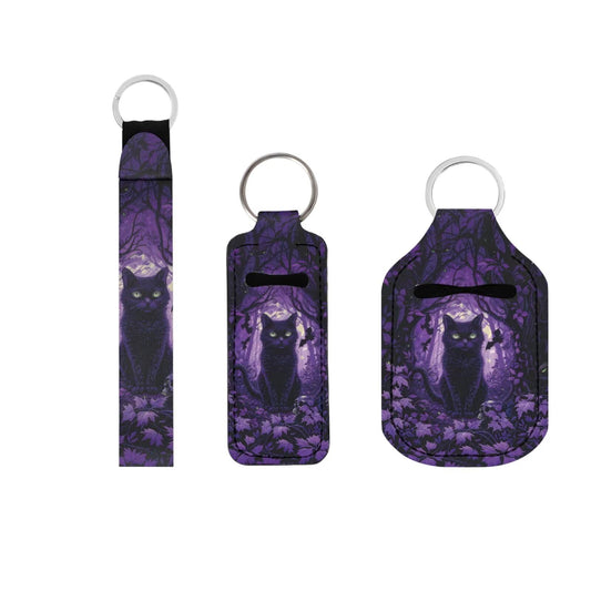 Suobstales Cat Bat Maple Leaves Print Travel Keychain Holders Kits, Halloween Decor Travel Bottle Chapstick Lanyard Keychain Holders Set Neoprene Balm Holders Pouch Makeup Storage Organizer, Set of 3
