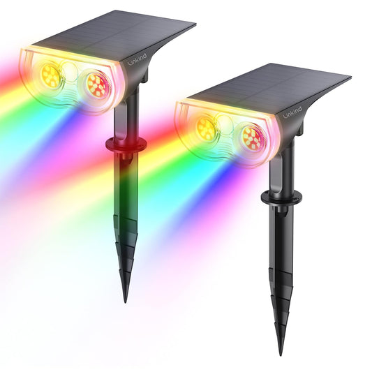 Linkind Solar Lights Outdoor Waterproof IP65, StarRay RGB Solar Spot Lights Outdoor, Color Changing Outdoor Solar Lights for Yard, Garden, Pathway, Holiday Decor (Multicolor, 2 Pack)