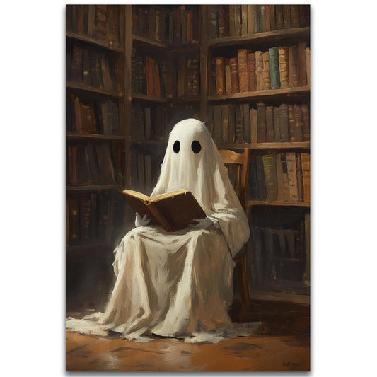Ghost Reading Books Pictures Wall Decor,Vintage Halloween Academia Spooky Ghost Reading Artwork,Gothic Library Painting Canvas Print,Funny Cozy Autumn House Home Office Holiday Decor,16"x24" Unframed
