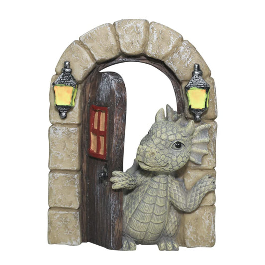 SHOWFEICAT Dragon Garden Ornament Resin Craft Ornament Statue Fairy Door Yard Art Outdoor and Garden Solar Light Luminous Sand Open Door Dragon Wall Statue Outdoors Decor (Open The Door)