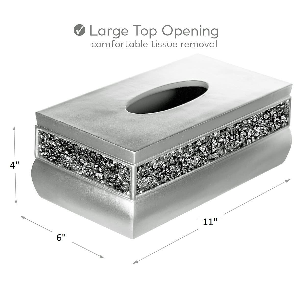 Crackled Glass Silver Tissue Box Cover Rectangular - Decorative Bling Tissue Box Holder With Beautiful Mosaic Glass - Elegant Tissue Holder For Bathroom With Durable Bottom Slider (Silver Collection)