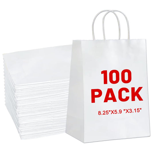 LIHOMR Gift Bags 8.25" x5.9 x3.15 100Pcs White Kraft Paper Bag with Handles for Small Business Christmas Bulk, Wedding, Party Favor, Shopping, Lunch, Halloween Trick-or-Treat Bags