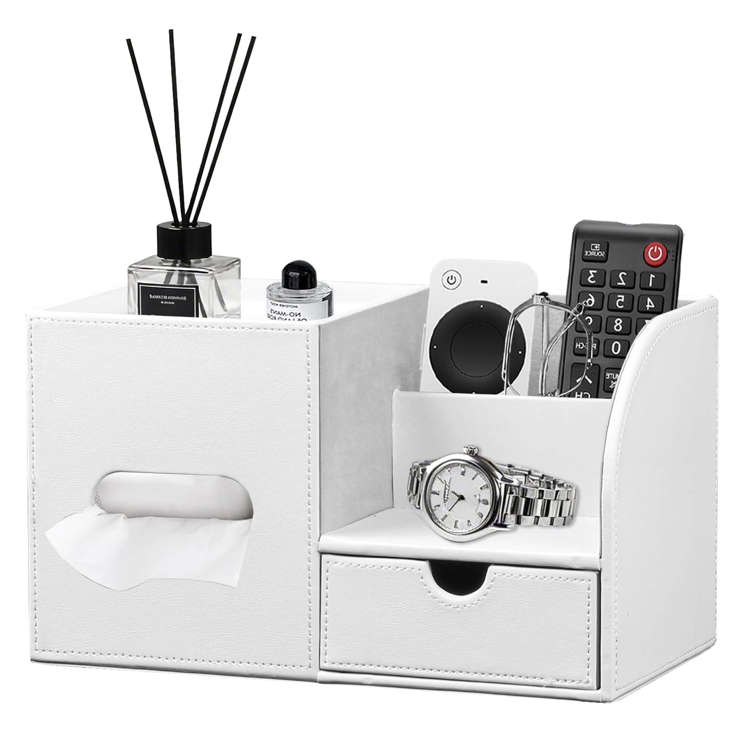 Square Tissue Box Cover with Tray and Organizer, Multi-Functional Decor Cube Tissue Box Holder, Tissue and Remote Control Holder, for Vanity, Nightstand, Bathroom, Home, Office