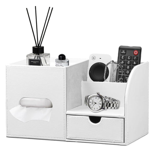 Square Tissue Box Cover with Tray and Organizer, Multi-Functional Decor Cube Tissue Box Holder, Tissue and Remote Control Holder, for Vanity, Nightstand, Bathroom, Home, Office