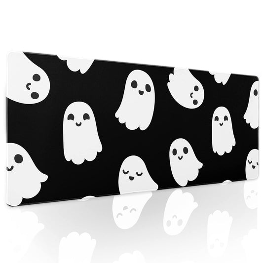 Halloween Cute Ghost Mouse Pad Kawaii Cartoon Spooky Funny Spirit Extended Desk Mat Non-Slip Rubber Base Stitched Edge Large XL Black White Mousepad for Desk Gaming Laptop Desktop,31.5×11.8 Inch