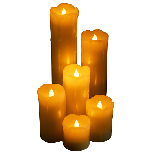 WYZworks LED Flickering Flameless Melting Ivory Timer Candles, Set of 6 Faux Dripping Wax, Battery Operated for Christmas Valentine Halloween Holiday Viking Gothic Decor 2" Wide and 2-9" Tall Pillar