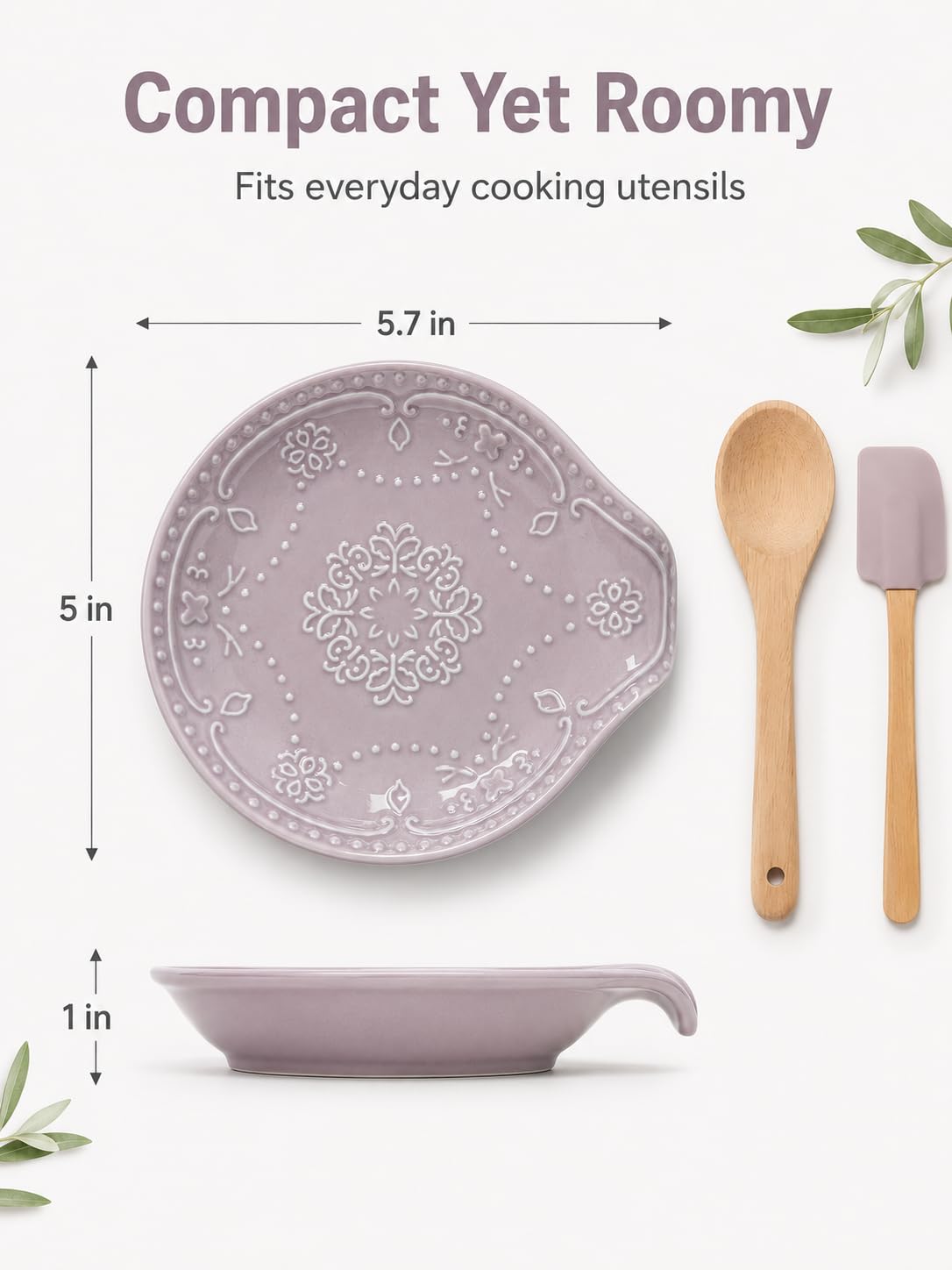 Lavender Purple Ceramic Spoon Rest for Kitchen Counter, 5.7" Floral Butterfly Embossed Spoon Holder for Stovetop, Dishwasher Safe Heat Resistant Utensil Rest, Farmhouse Kitchen Decor Gift