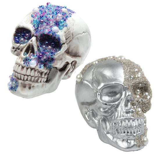 Halloween Pirate Treasure Skulls - 2 Pk, 8" Human Heads with Gem Studded Rhinestones - Indoor Home Decorations, Skeleton Prop Sculptures- Fall Party Decor for Haunted Houses Gothic Bone Table Statue