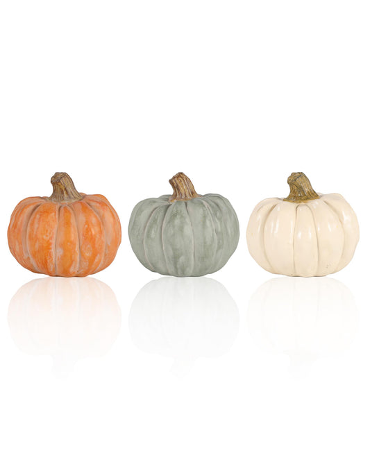 GoGnome Set of 3 Decorative Pumpkins – Resin Fall Harvest Décor in White, Sage Green & Orange, Rustic Autumn Table Centerpiece for Thanksgiving Farmhouse Home Decoration (White)