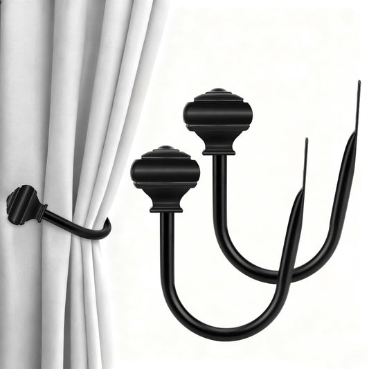 2 Pack Black Curtain Tiebacks, USFOOK Decorative Window Drapery Holdbacks (2 Pack/1 Pair), Curtain Hooks for Drapes with Square Finials (3.45" L x 5.35" W)