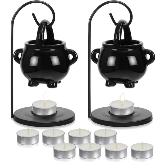 2 Pcs Hanging Pagan Cauldron Oil Burner, Cauldron Wax Warmer Diffuser with Handle 10 Pcs White Tea Lights Candles Witch Decor for Home Wax Melts Christmas Gothic