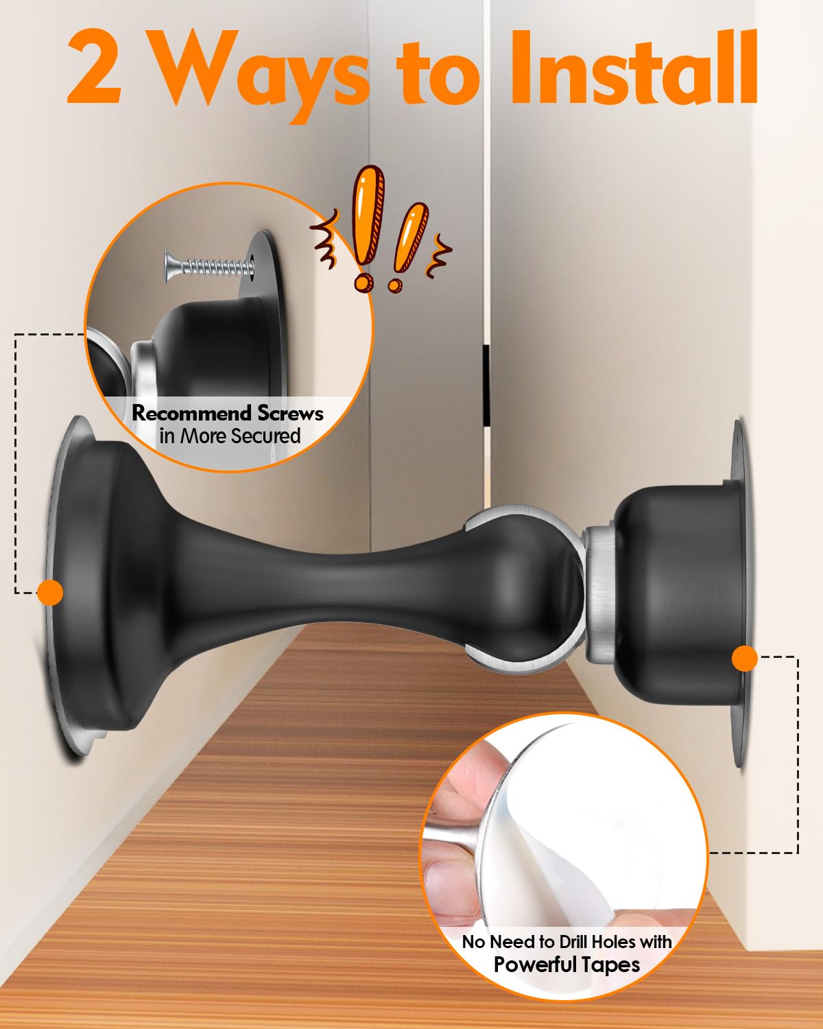 Door Stoppers Magnetic Door Catch - 2 Pack Stainless Steel Heavy Duty Door Holder Stops for Bottom Top of Door - Wall Floor Mounting No Drill 3D Adhesive & Screws Strong Magnet Keep Door Open