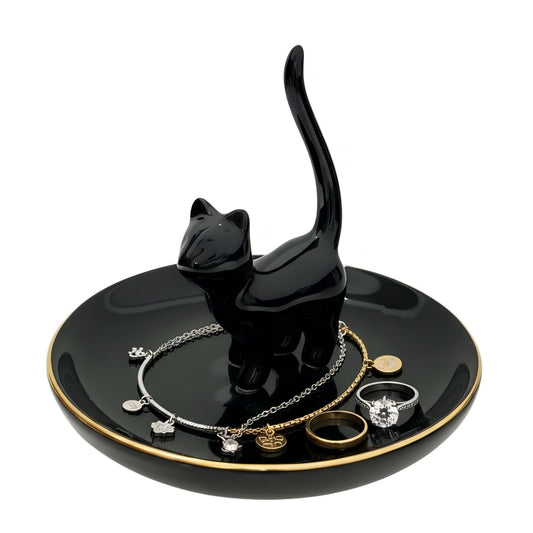 ROSA&ROSE Cat Ring Holder Trinket Tray Ceramic Jewelry Dish Porcelain Ring Organizer–Gift for Women,Girlfriend,Wife,Birthday or Anniversary (Black)