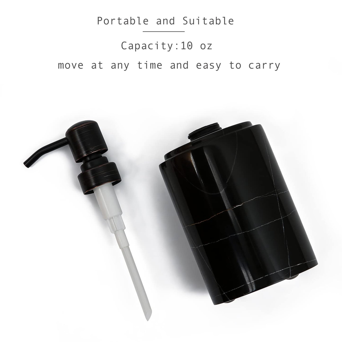 JIMEI Black Marble Soap Dispenser Hand or Dish for Bathroom & Kitchen - Decorative Natural Marble Stone Liquid Soap/Lotion Dispenser - Stainless Steel Soap Dispenser Easy-Glide Pump - Refillable