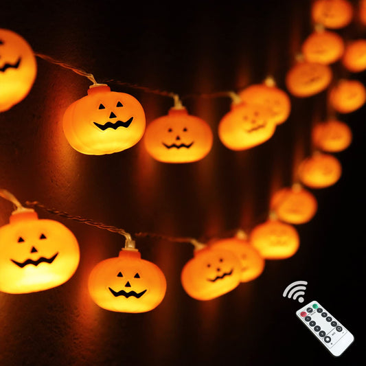 Runleo Halloween Decorations Pumpkin String Lights, 30 LED 16.4 FT 8 Modes Timer 3D Waterproof Orange Jack-O-Lantern Battery Operated Decorative Twinkle Lights for Indoor Bedroom Camper Party Decor