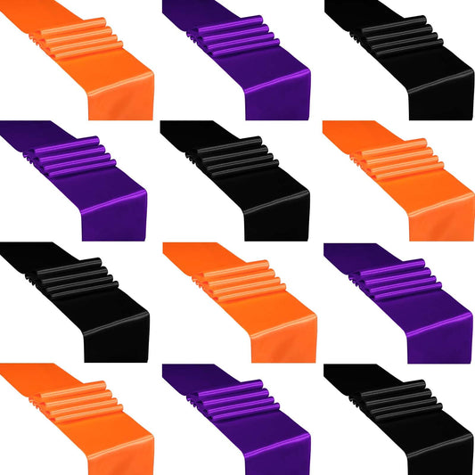 VitalCozy 12 Pcs Graduation Satin Table Runners 12 x 108 Multicolor Long Satin Silk Table Runner Colorful for Graduation Wedding Birthday Party Banquet Decor(Black, Orange, Purple)