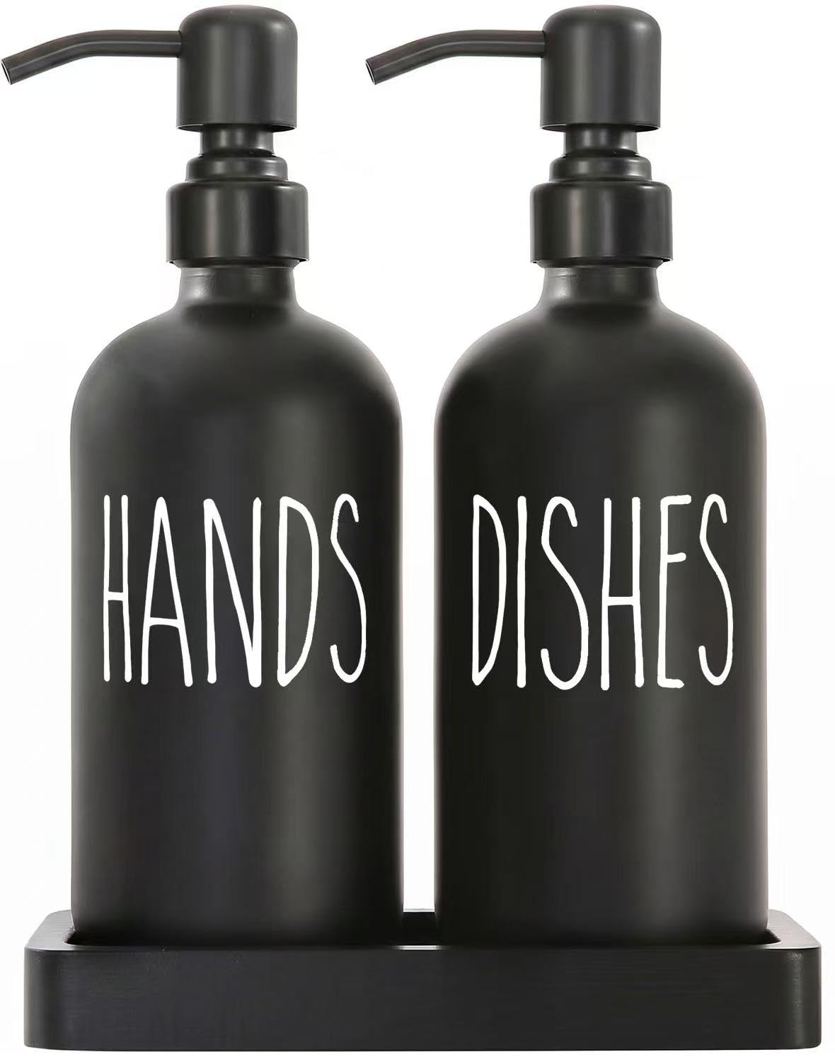 MOMEEMO Matte Black Soap Dispenser Set, Contains Dish Soap Dispenser for Kitchen and Hand Soap Dispenser with Ceramic Tray, Suitable for Black Kitchen Decor. (Black)