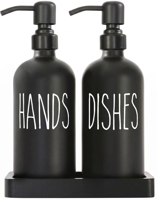 MOMEEMO Matte Black Soap Dispenser Set, Contains Dish Soap Dispenser for Kitchen and Hand Soap Dispenser with Ceramic Tray, Suitable for Black Kitchen Decor. (Black)
