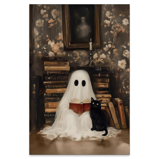 Halloween Canvas Wall Art Vintage Ghost and Black Cat Posters Gothic Room Decor Ghost in a Library Prints for Dark Academia Halloween Party House Decoration 16x24inch Unframed