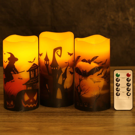 OWLBAY Set of 3 Halloween Flickering Flameless Candles with Remote and Timer, Real Wax Battery Operated LED Pillar Candles Assorted Decals Witch, Bats, Castle for Holiday Decor (D 3" H 6")