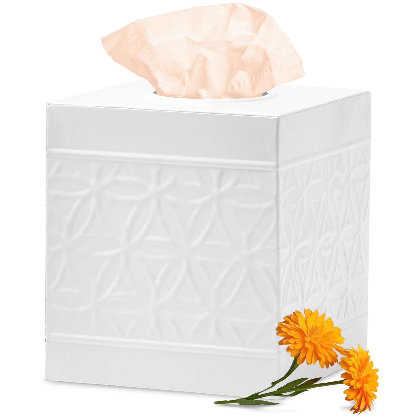 Autumn Alley White Tissue Box Cover Square, Bathroom Accessories, Decorative Tissue Holders for Bathrooms, Bedroom, Kitchen with Embossed Pattern Tissue Holders Decorative, Modern, White