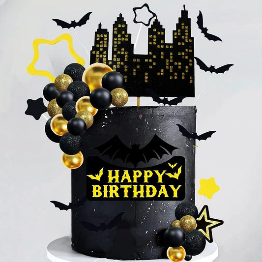 Superhero Bat Cake Topper Bat Cake Decor - Happy Birthday Decorations for Hero Themed Party Supplies (black)