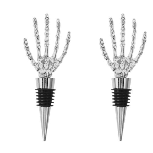 Garneck 2pcs Halloween Wine Bottle Stopper Silver Skeleton Hand Shaped Decorative Bottle Plug Alloy Skeleton Hand Stopper for Wine Beverage Halloween Party Favors