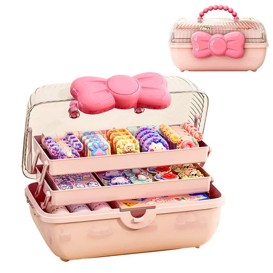GKWW Cute Girls Hair Accessories Storage Box Bow Switch Organizer Box Jewelry Box, Plastic Hair Ties Holder Hair Clips Container Storage Box for Home, School, Office(Pink)
